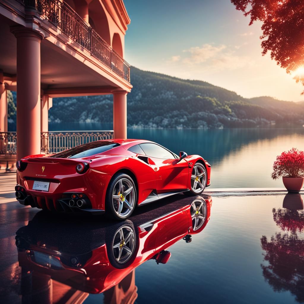 Red Ferrari Overlooking Blue Lake