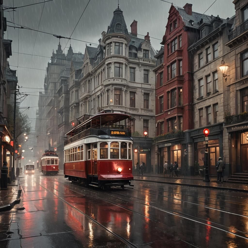 Old-Fashioned Tram on a Rainy Day: Matte Painting