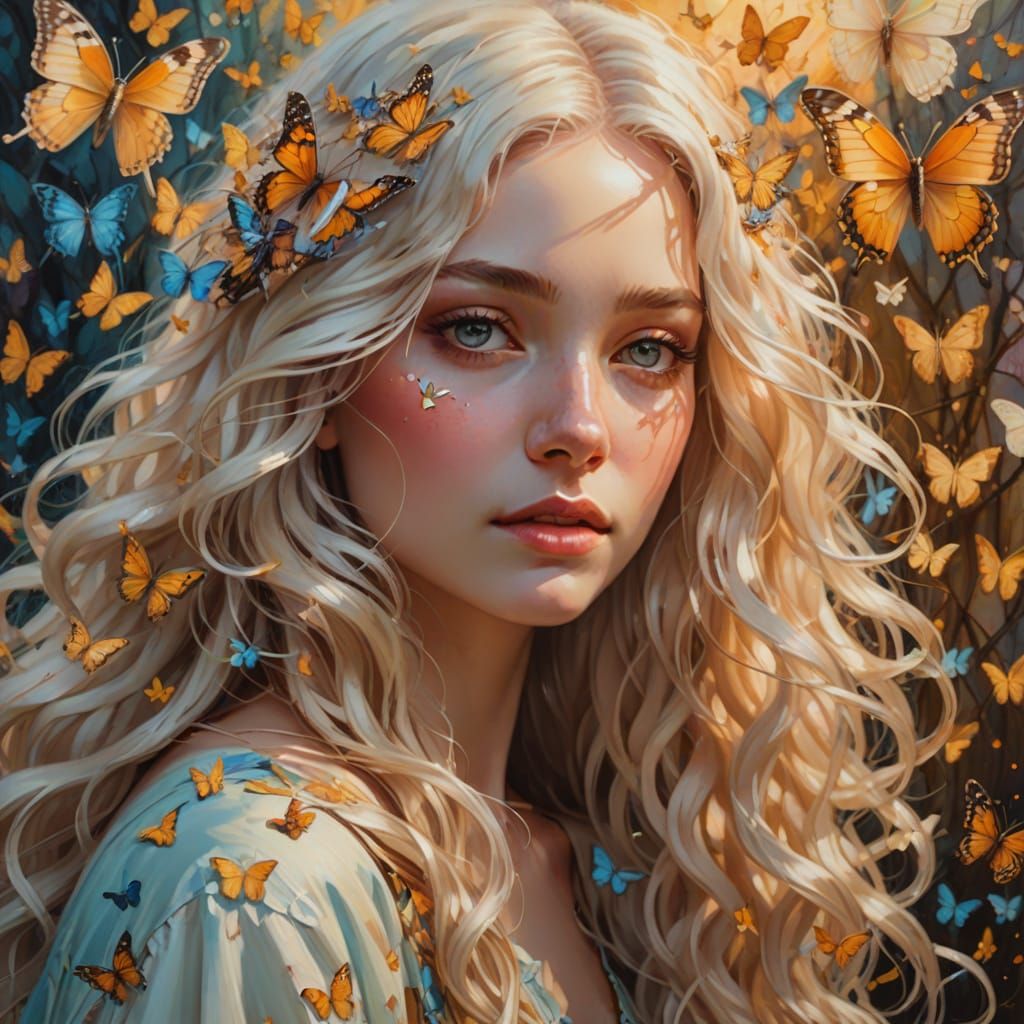 Girl with Butterflies: A Whimsical Oil Painting