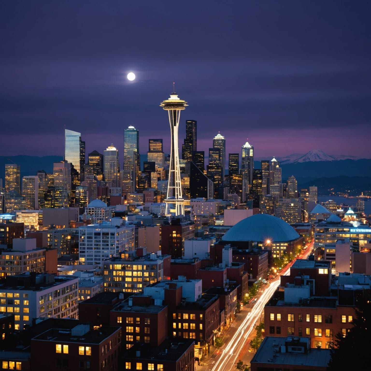 Seattle Skyline at Night in Airbrush Art Style