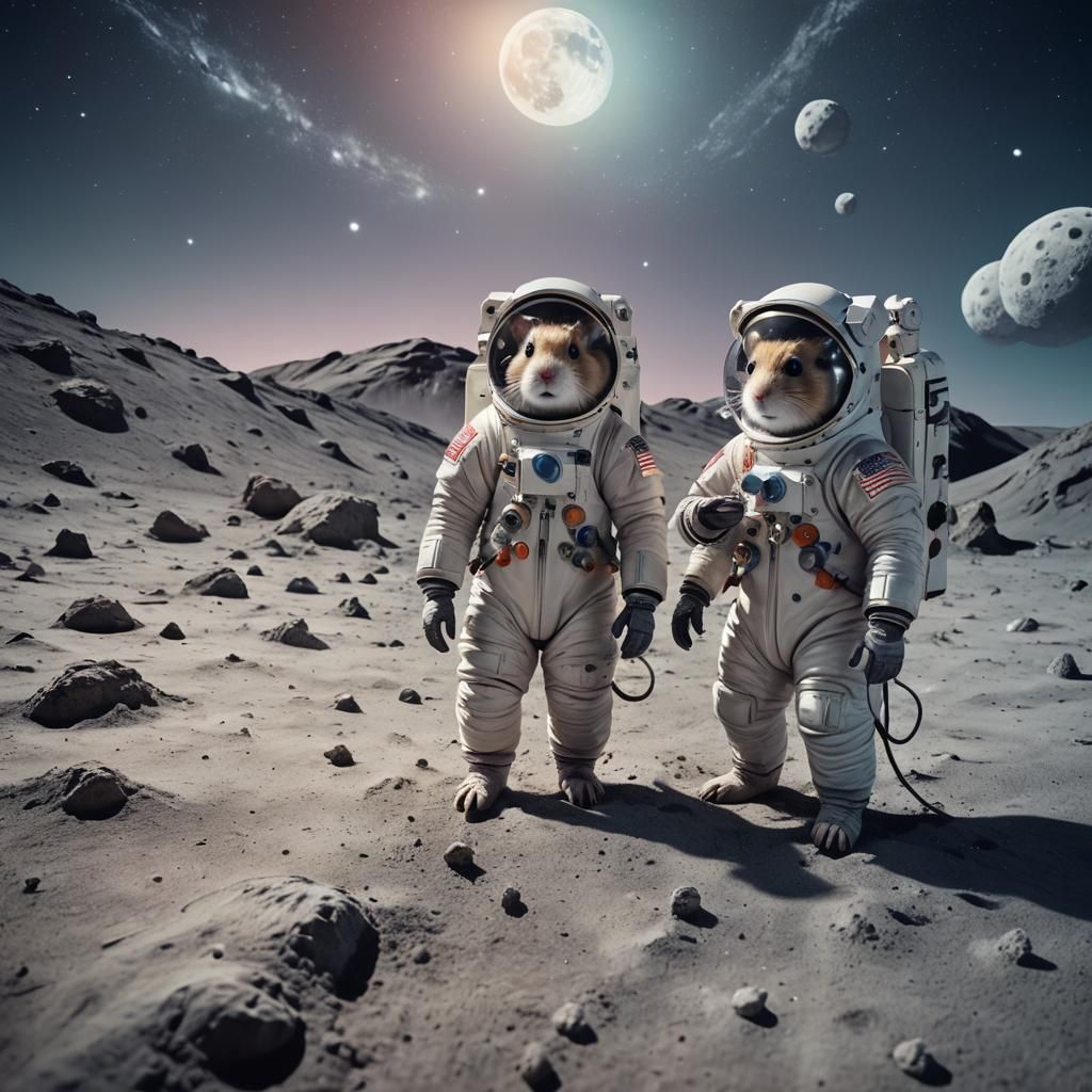 Hamster Astronauts on Moon in Surreal Style