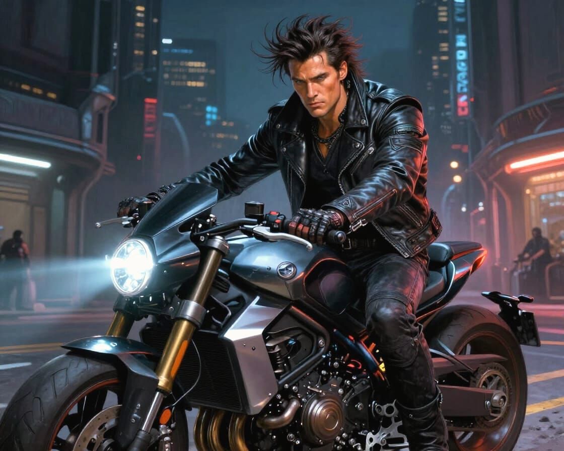 Futuristic Bike Gang Leader in 2077 Cyberpunk City