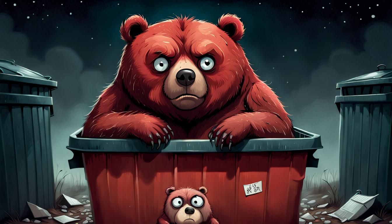 Frustrated Red Bear Asleep in a Trash Bin, Inspired by Story...