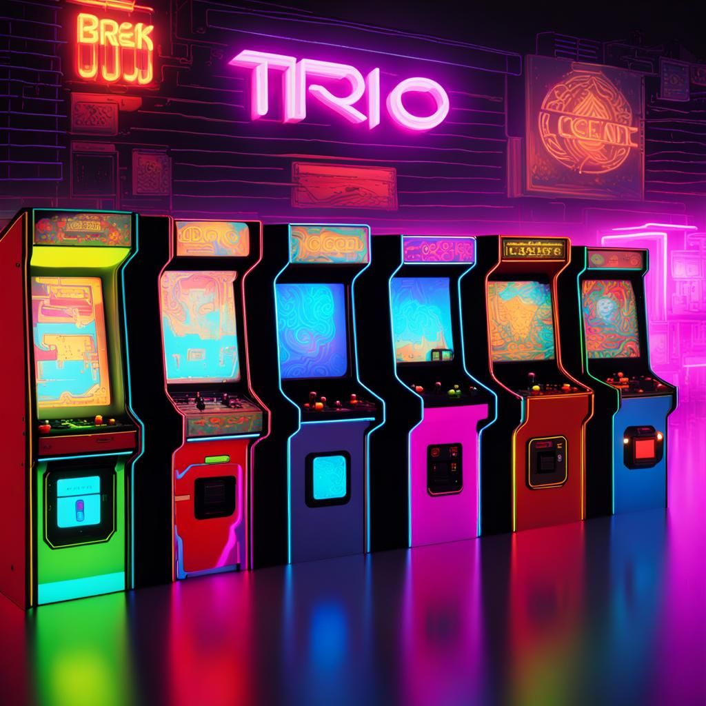 Neon Robot at Retro 80s Arcade Machine