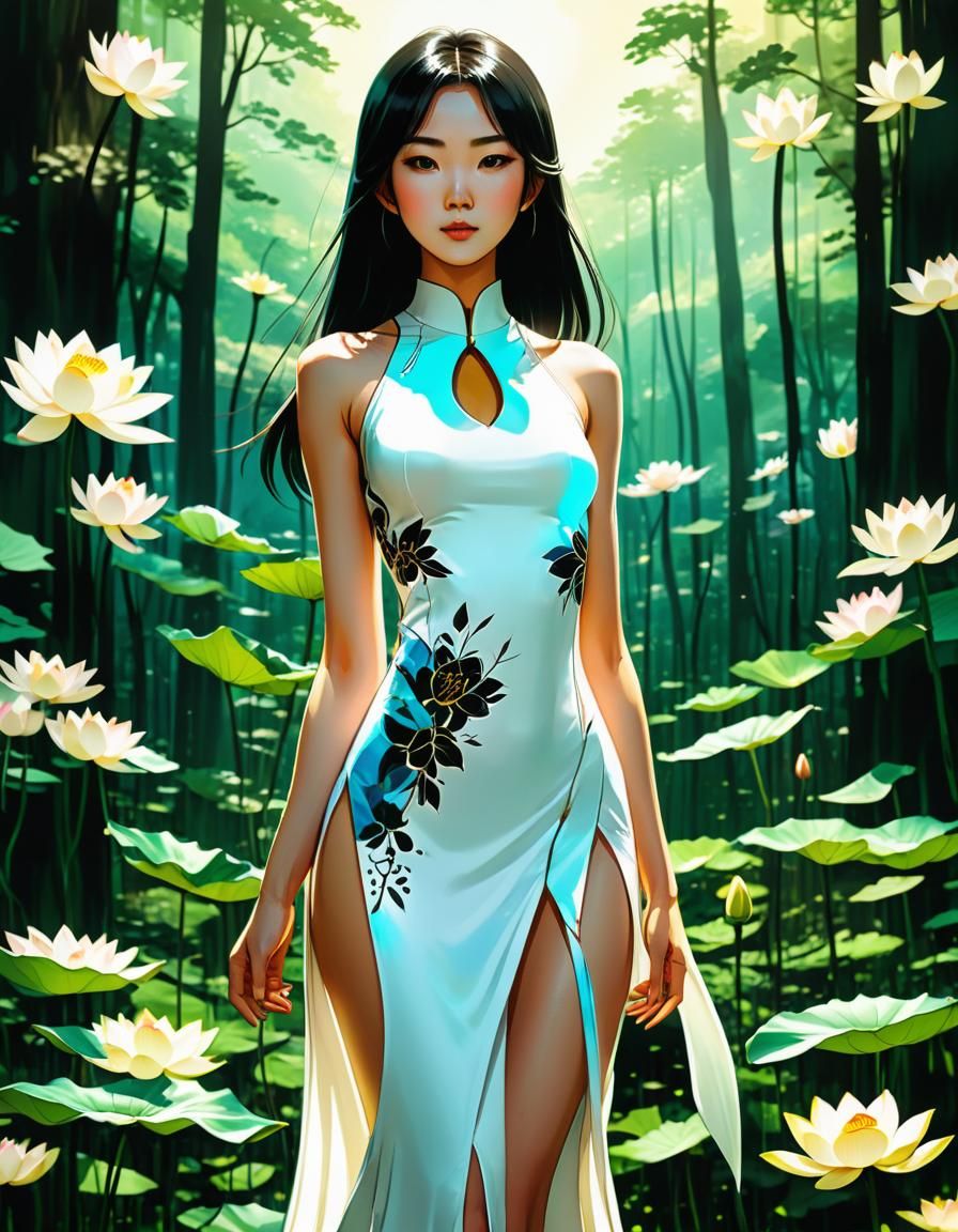 Beautiful Asian Woman in Lotus Forest, Anime Style