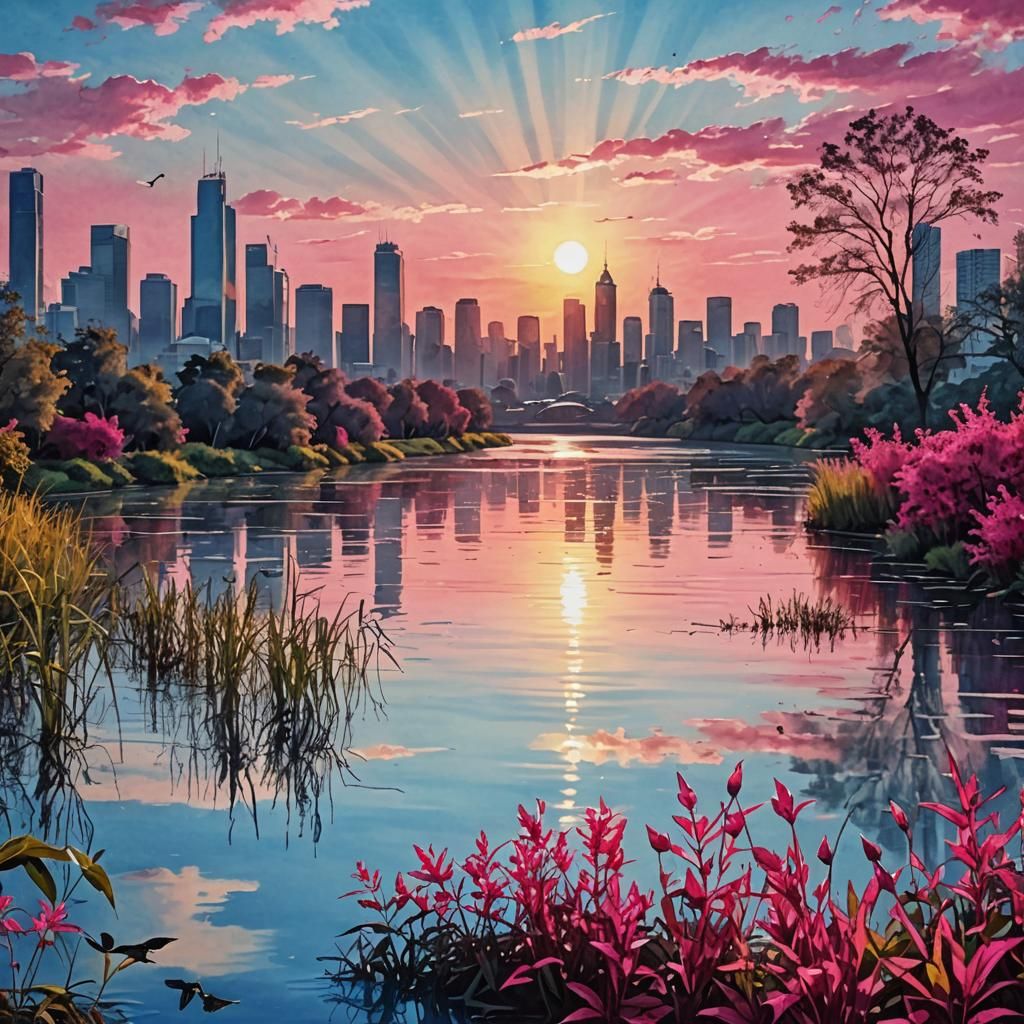 Baby Blue Cityscape with Hot Pink Water Plants