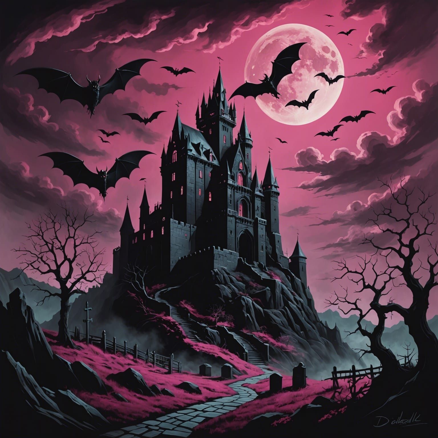 Surreal Dracula's Castle with Pink Glow, Salvador Dali Style
