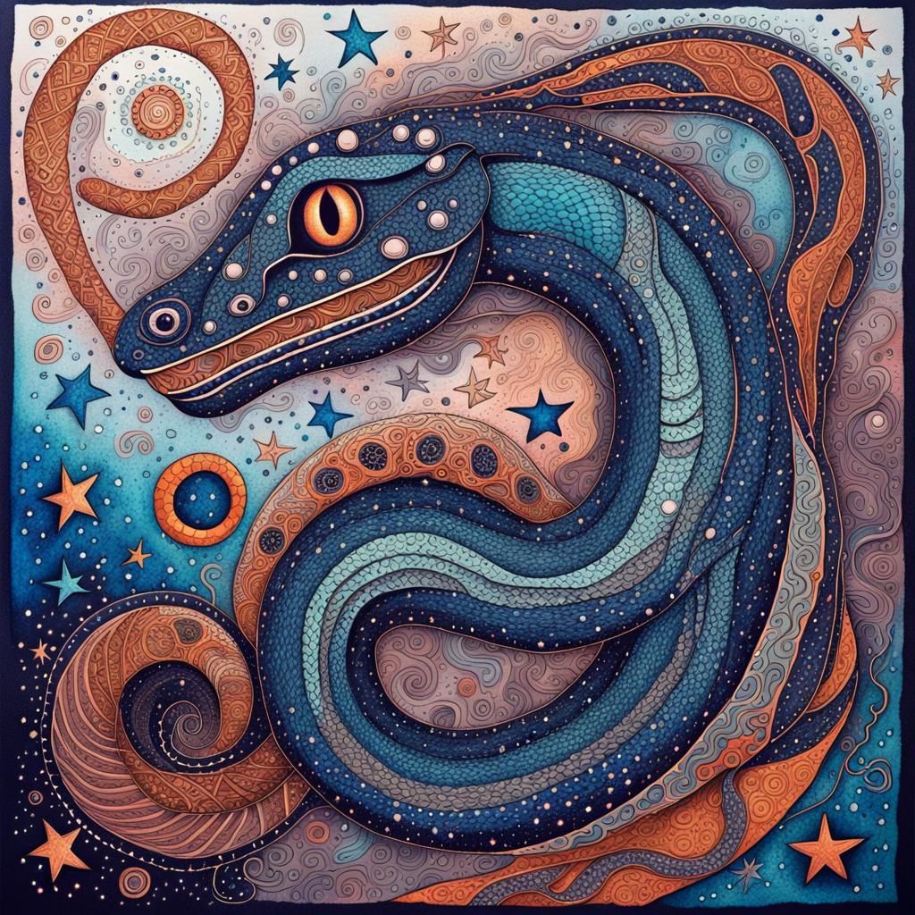 Whimsical Aboriginal Serpent in Cosmic Surrealism