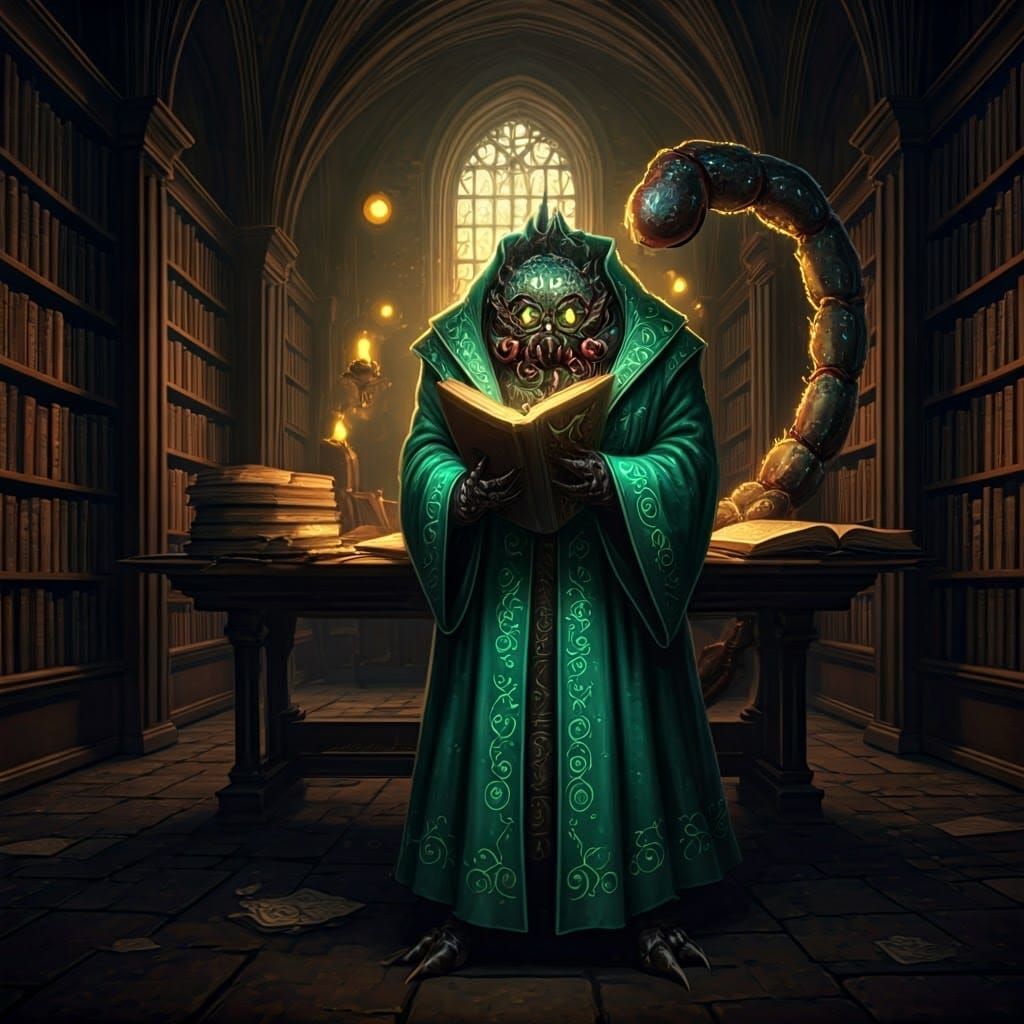 Anthropomorphic Scorpion in Library, Dark Academia Art