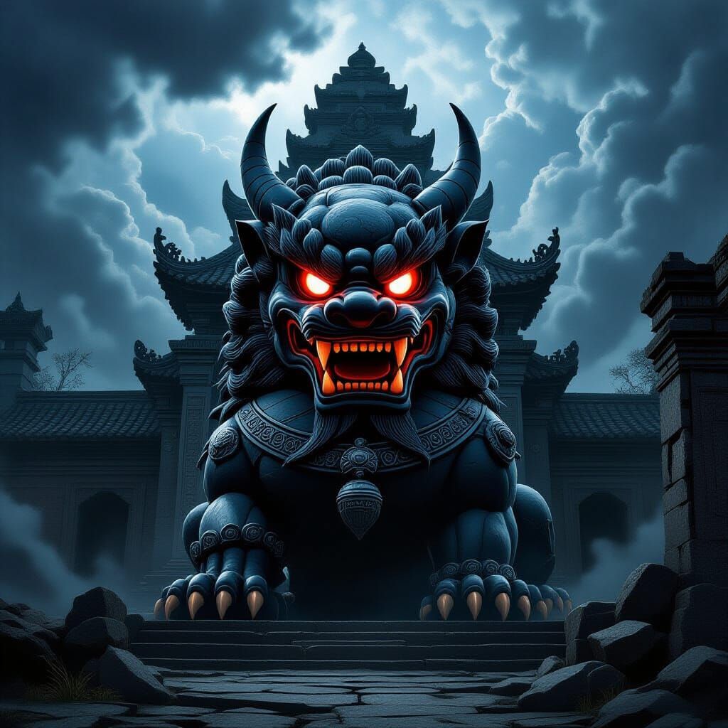 Menacing Obsidian Foo Dog Guards Ancient Temple