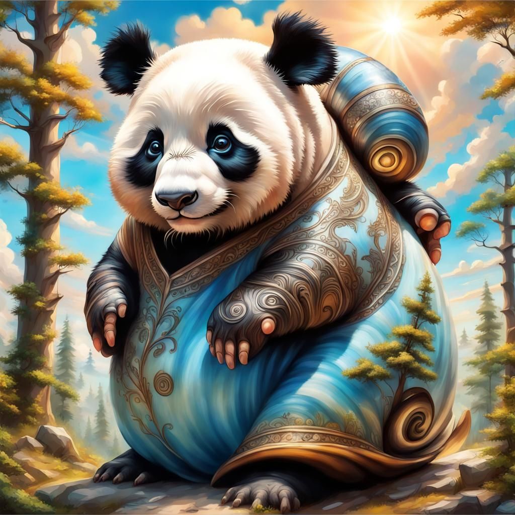 Panda Snail Hybrid in Forest, Detailed Painting