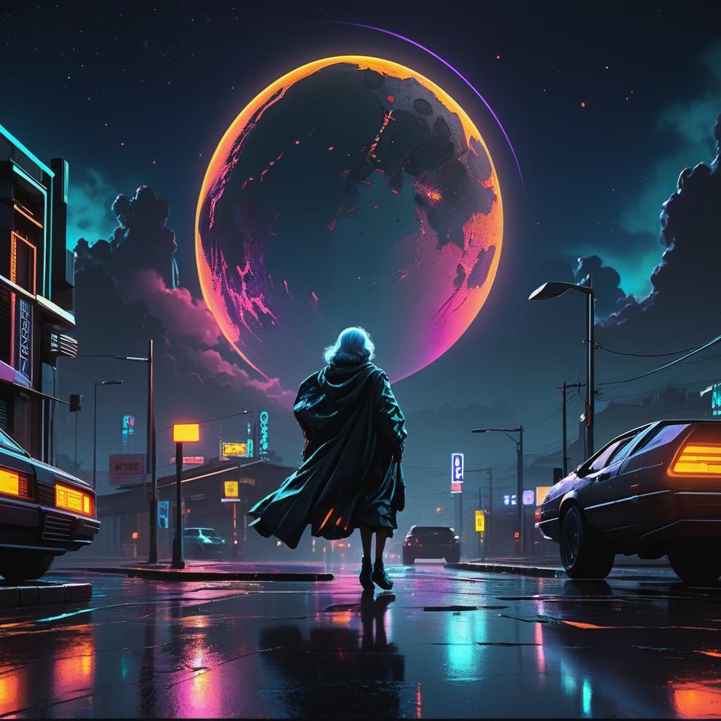 Cyberpunk Moon Over Neon Dystopian Cityscape