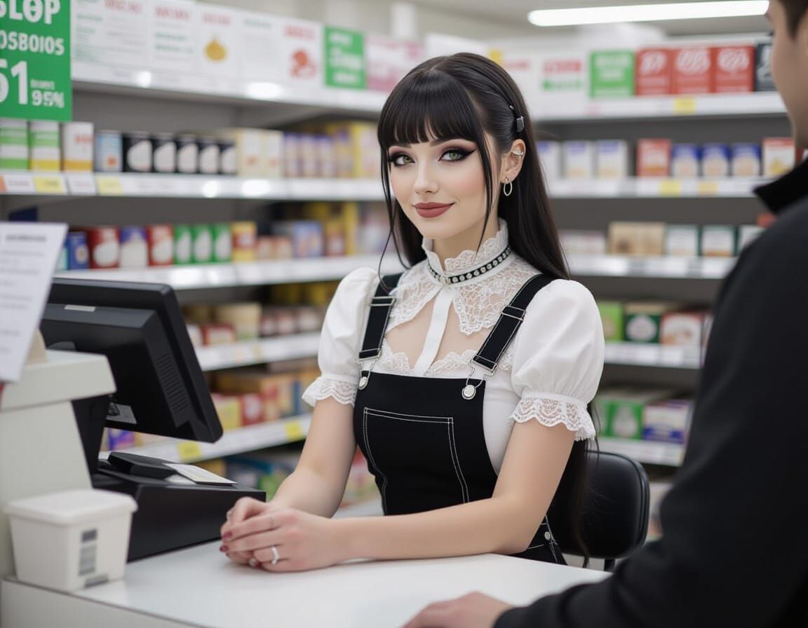 Goth Woman Works Checkout in Small Grocery Store