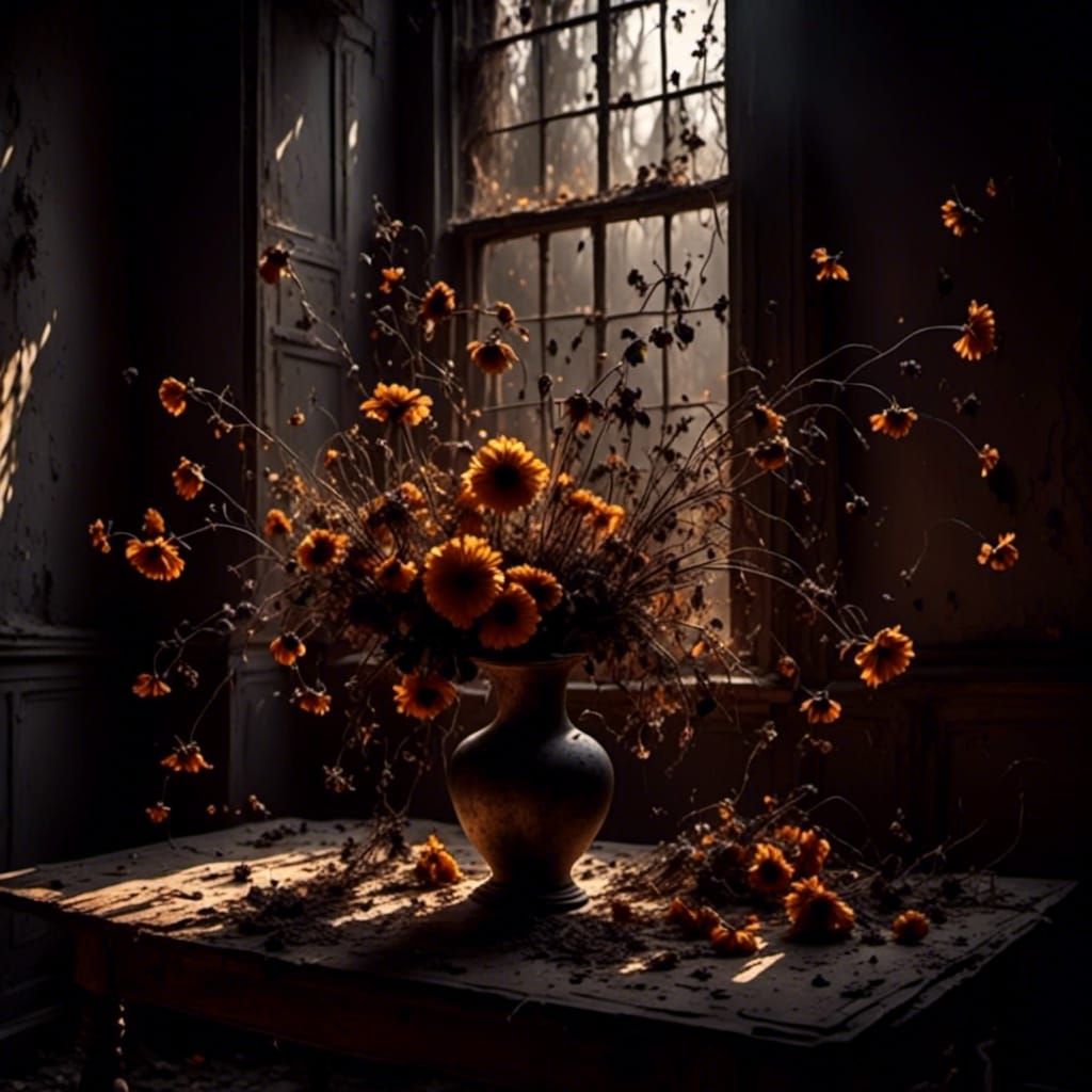 Cozy Abandoned Room with Withered Flowers in Golden Light