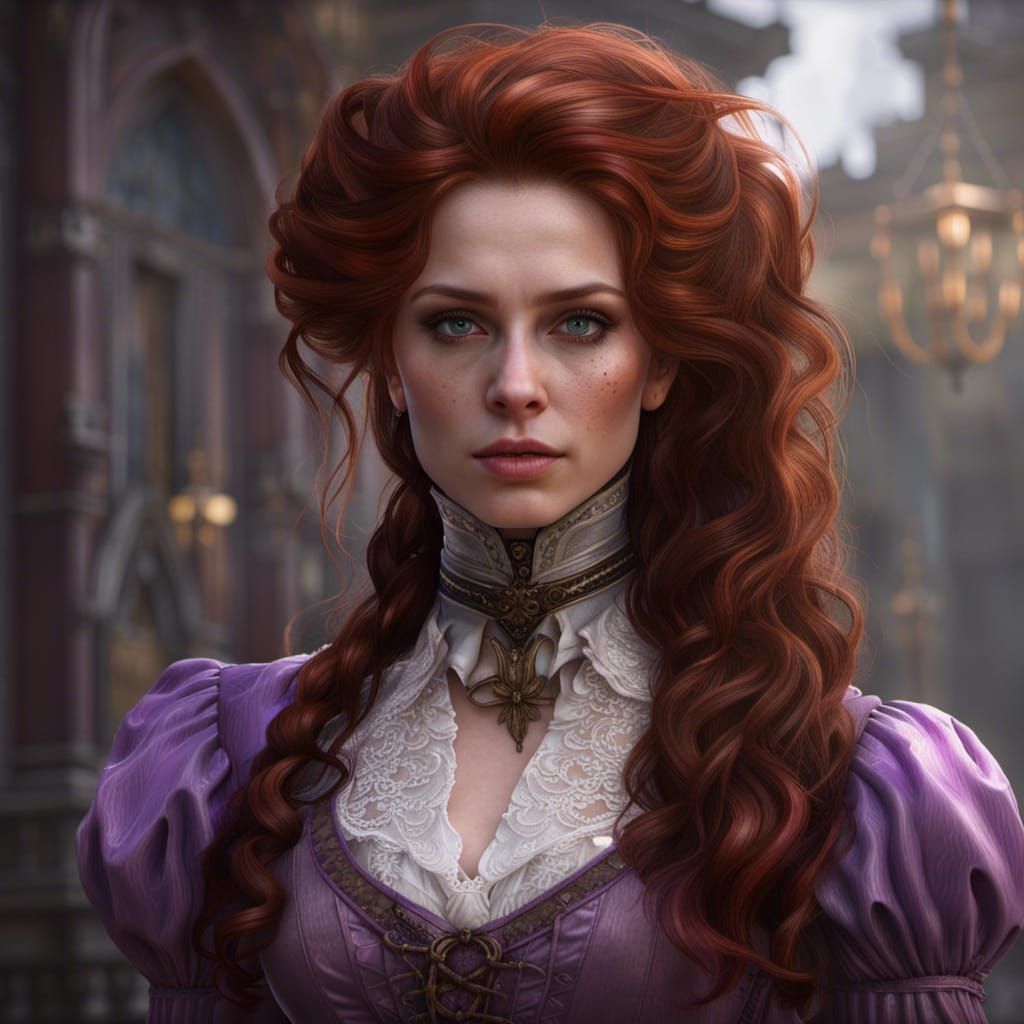 Victorian Woman with Purple Eyes in Dark Fantasy Style