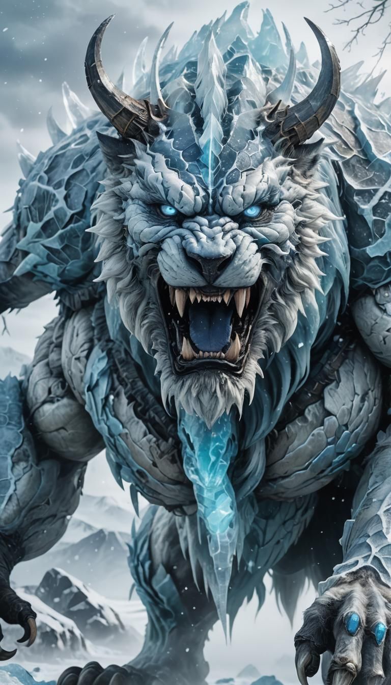 Titan Ice Beast Roars in Anime Style