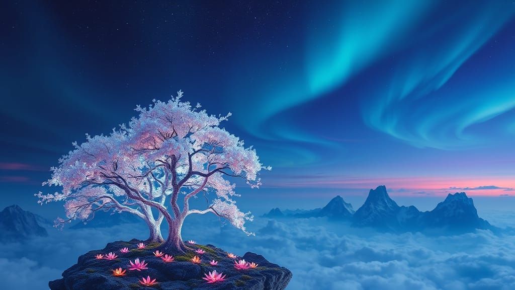 Glowing Trees Stand Tall on a Floating Island in a Dreamlike...