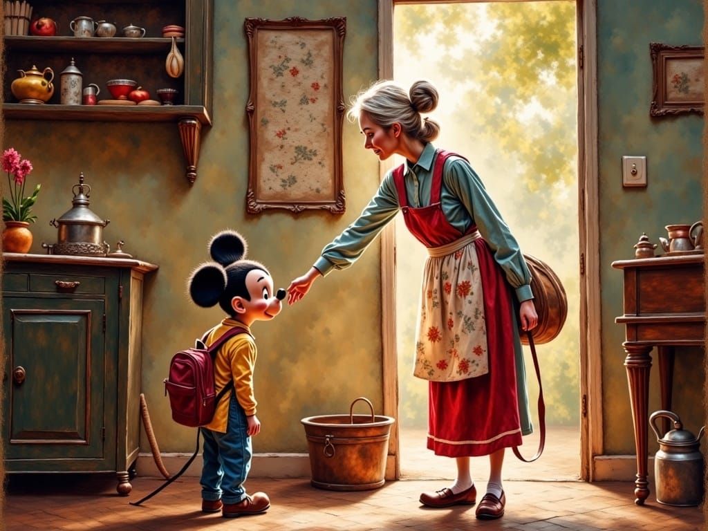 Wholesome Oil Painting of Mickey Mouse's Morning Routine