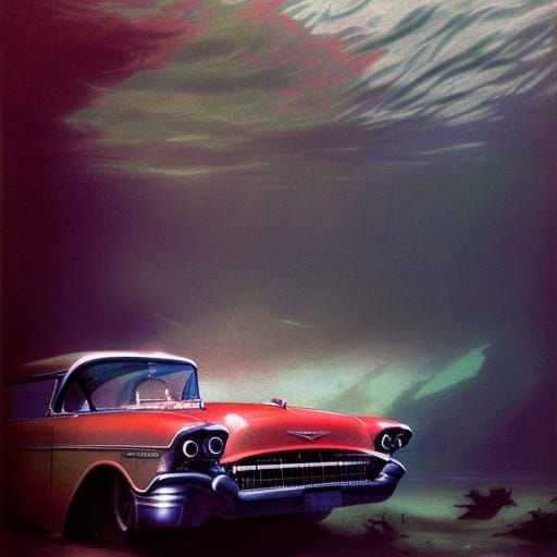 Underwater Chevy in Lake: Golden Age Illustration