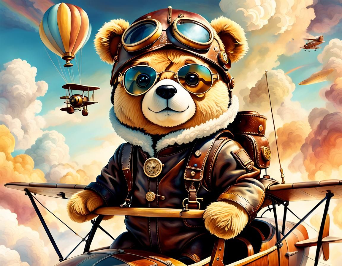 Steampunk Teddy Bear Aviator Soaring Through Clouds