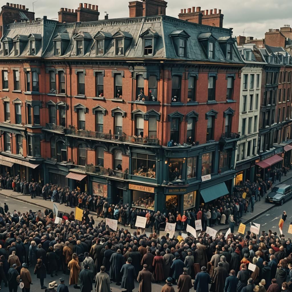 Dystopian Victorian Cityscape Protest in Hyperrealism