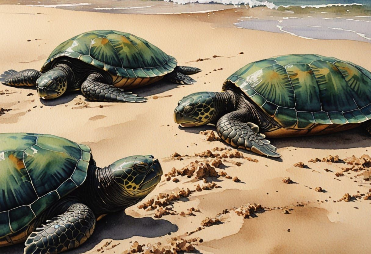 Three Turtles on Beach in Vibrant Watercolor