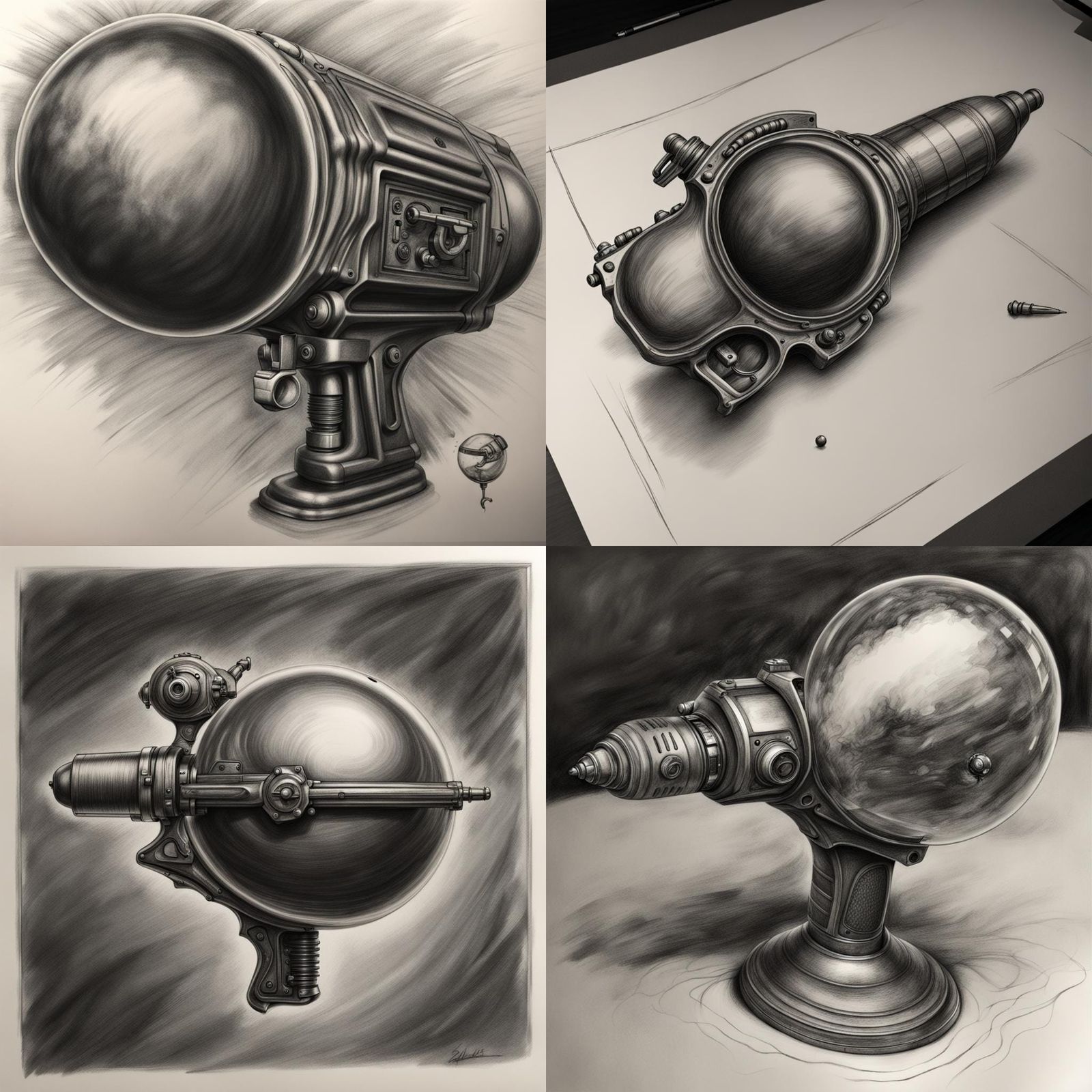 Detailed Charcoal Sketch of a Sci-Fi Raygun