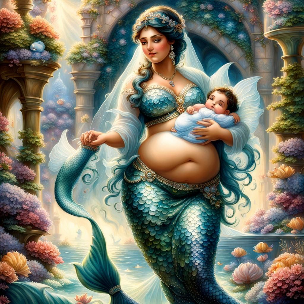 Persian Mermaid Holding Baby Boys in Fantasy Art