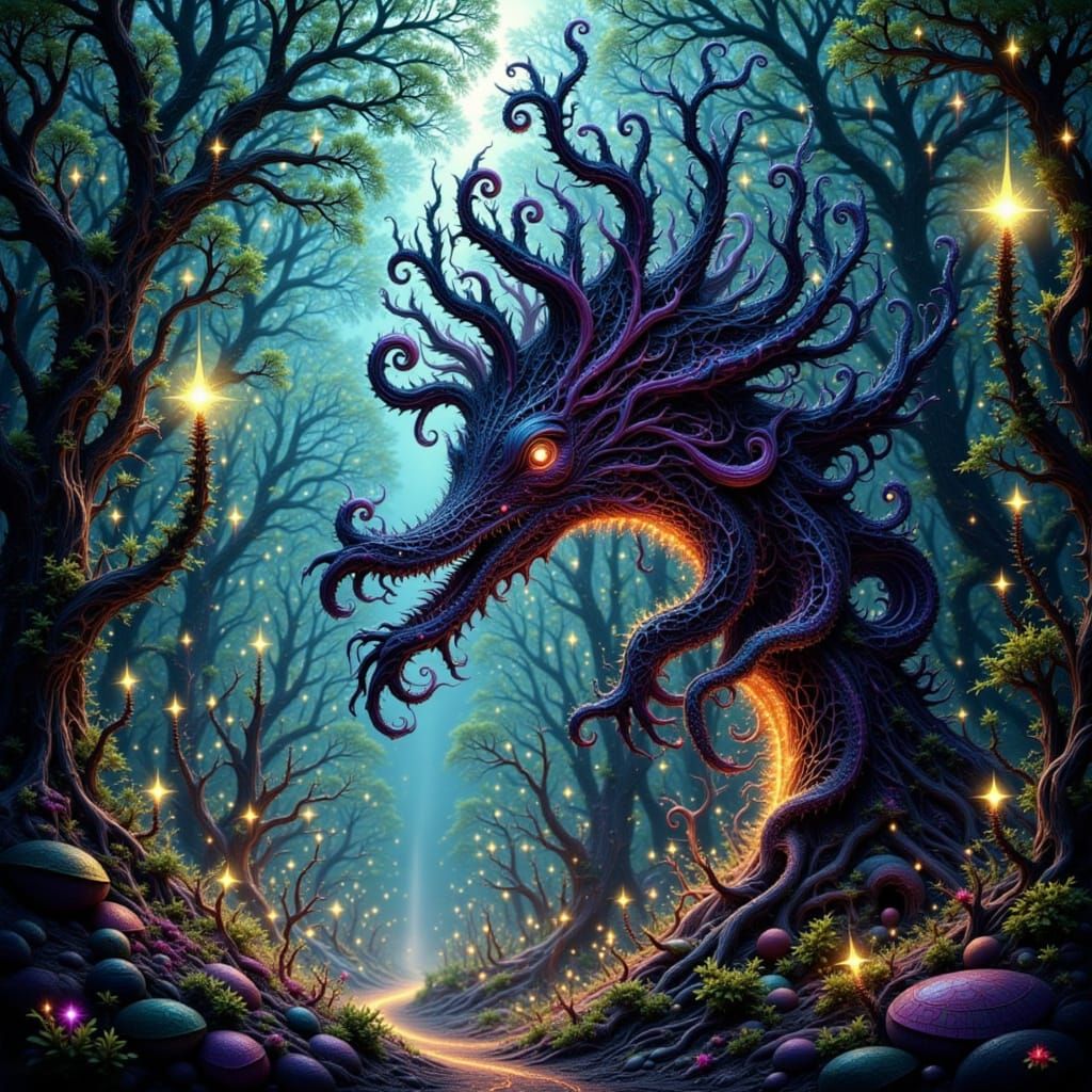 Whimsical Forest Monster in Norwegian Woods with City Silhou...