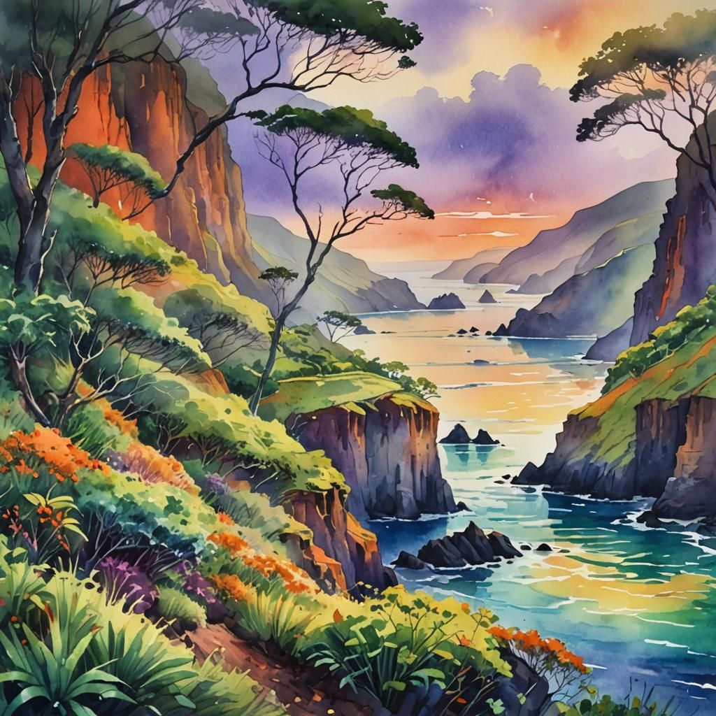 Watercolor Landscape of Anaga Rural Park at Sunset