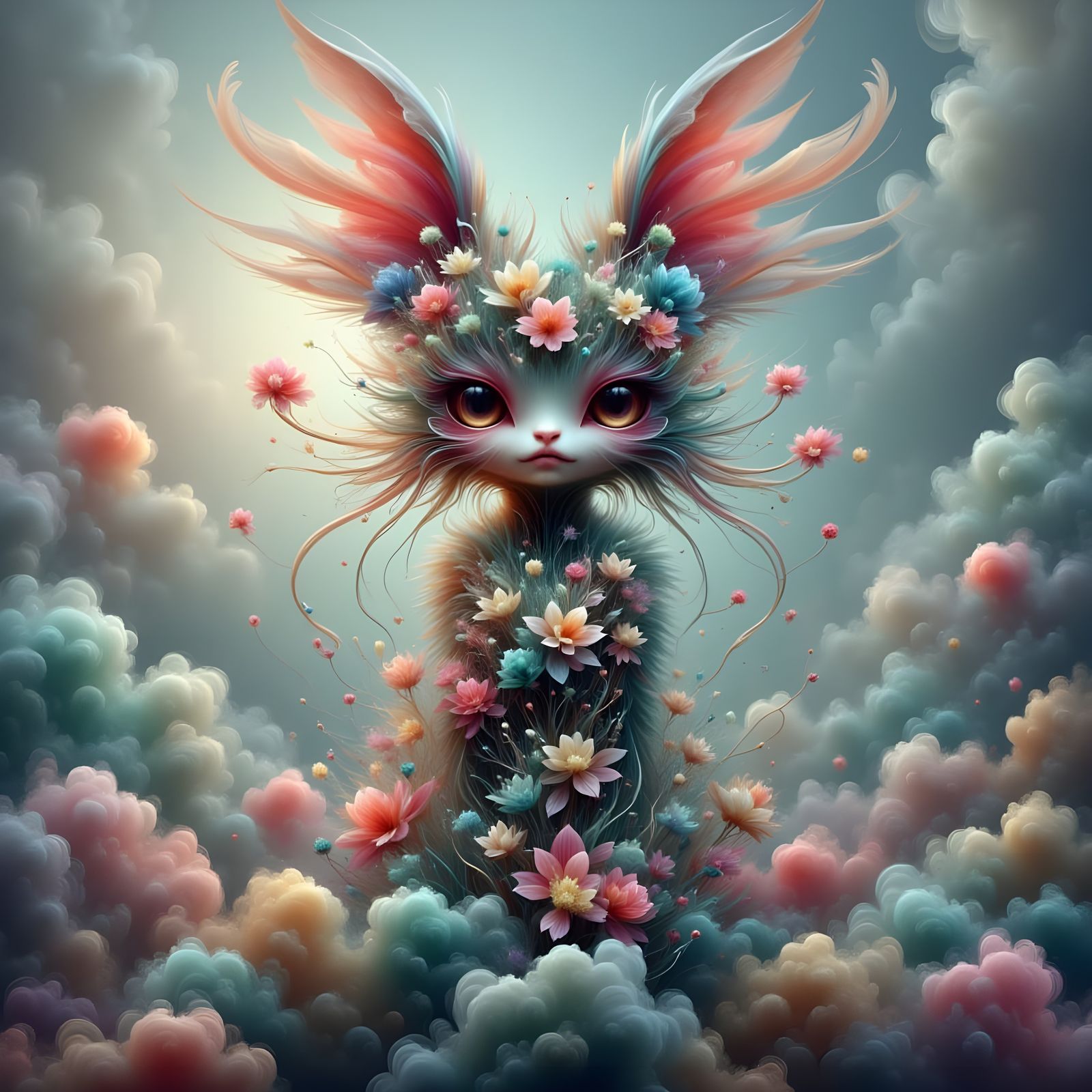 Mystical Labubu Creature Adorned in Flowers with Glitter