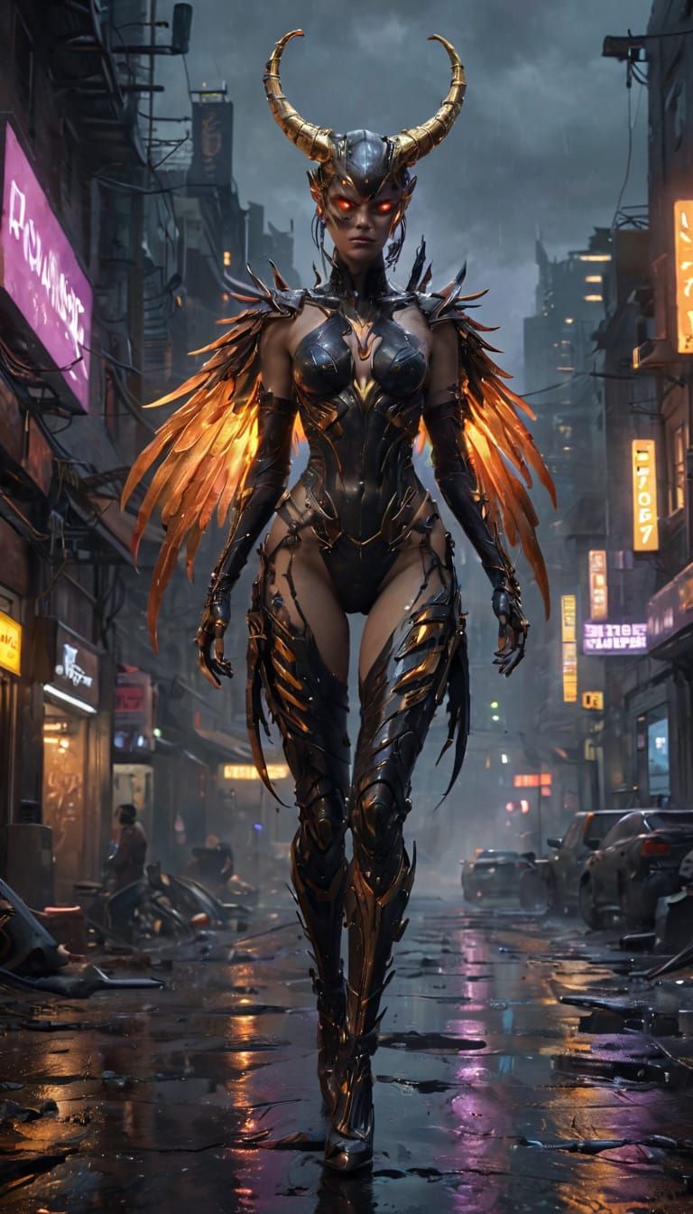 Cyberpunk Goddess of Rebirth in Neon-Lit Cityscape