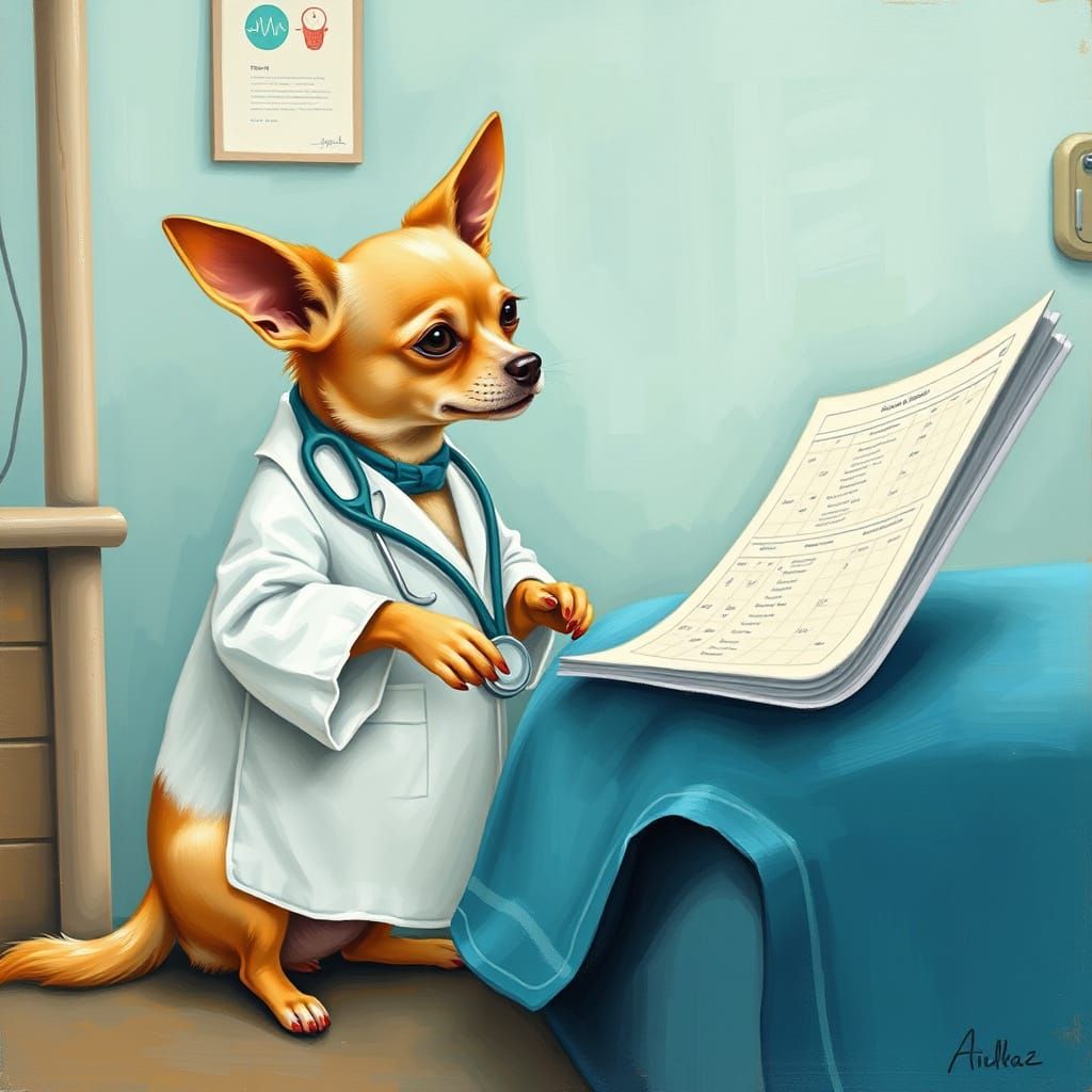 Chihuahua Doctor Reads Patient Chart, Illustrative Style