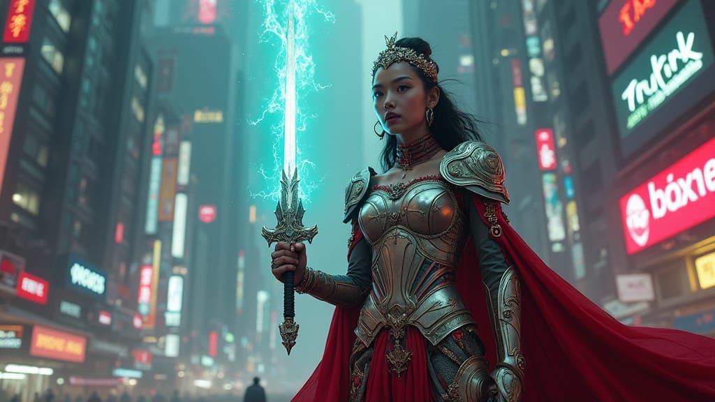 Cyberpunk Princess Defies Skyscrapers with Glowing Energy Sw...