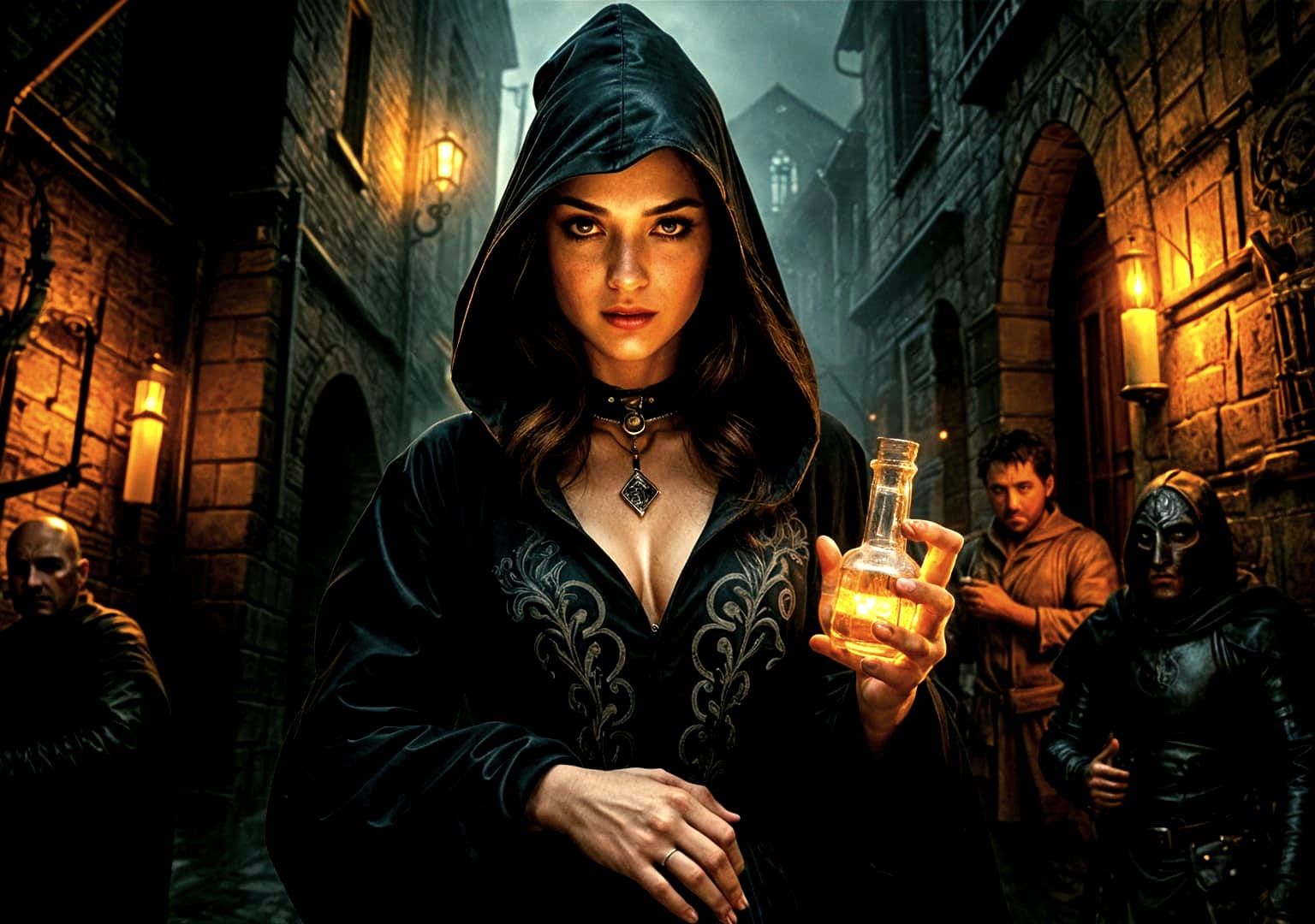 Mafia Witch in Medieval Alleyway as Sfumato Painting