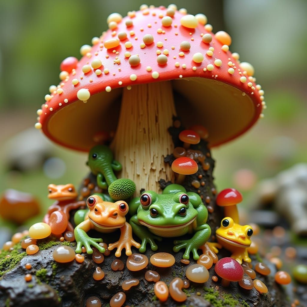 Fae Person's Mushroom Home with Tiny Frogs