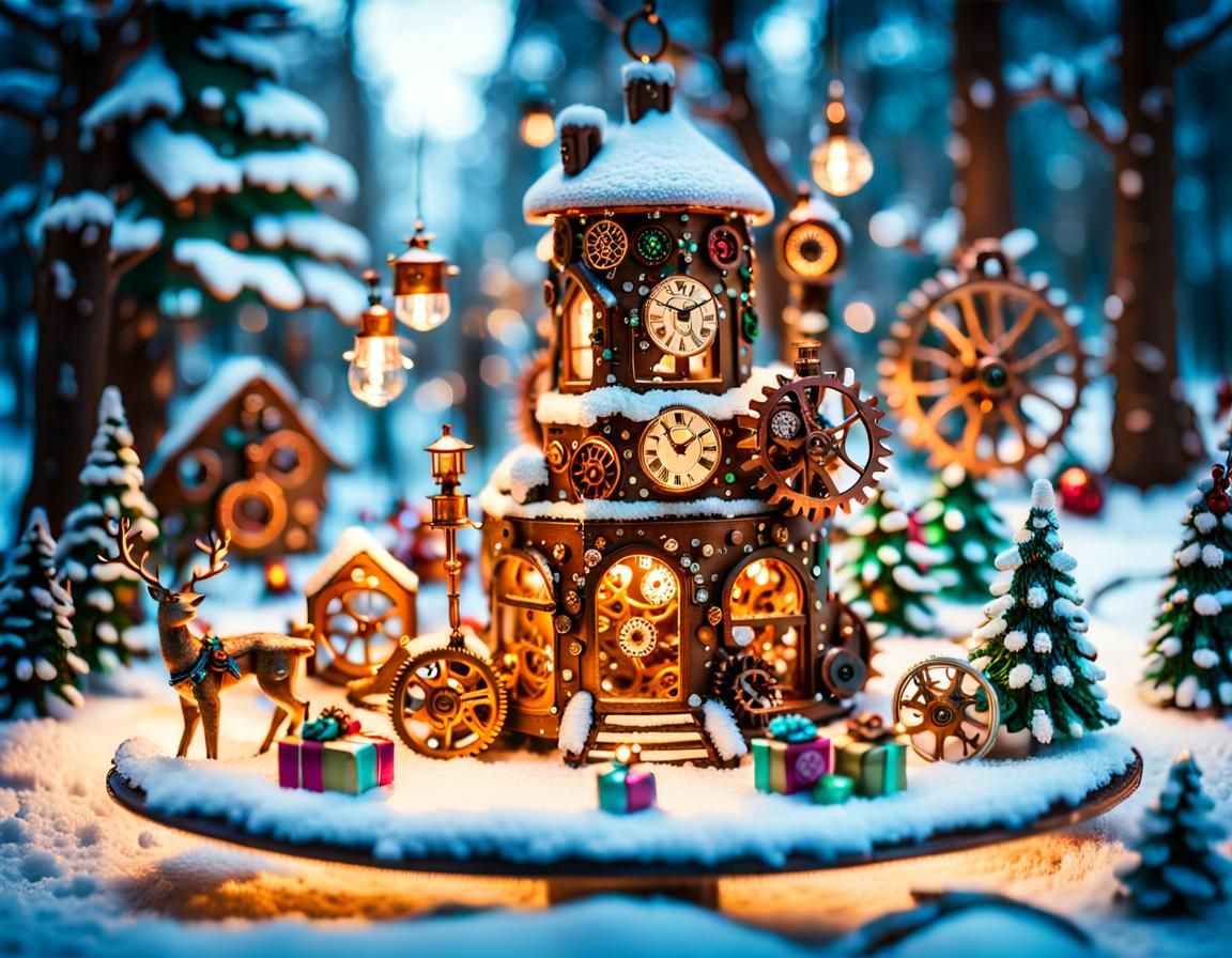 Steampunk New Year Tree in Winter Forest