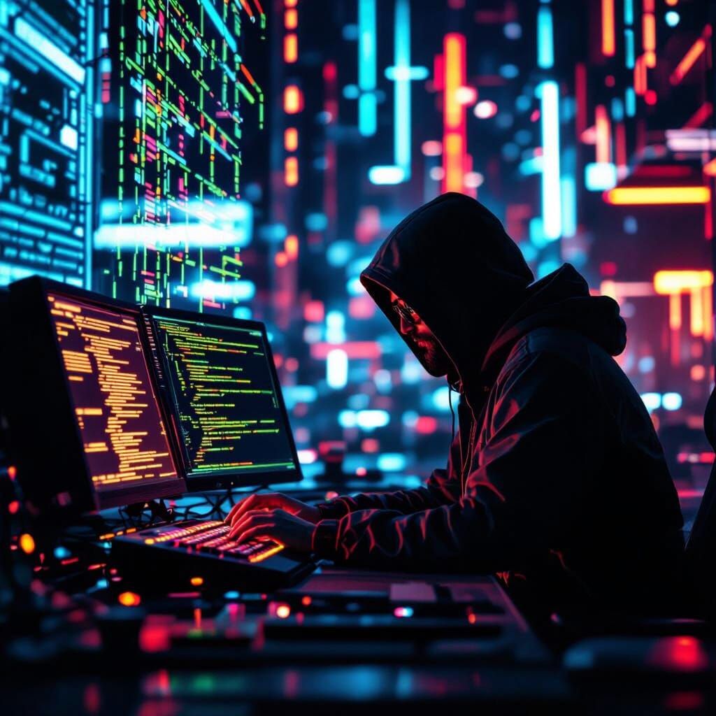 Hacker at Glowing Console in Cyberpunk Style