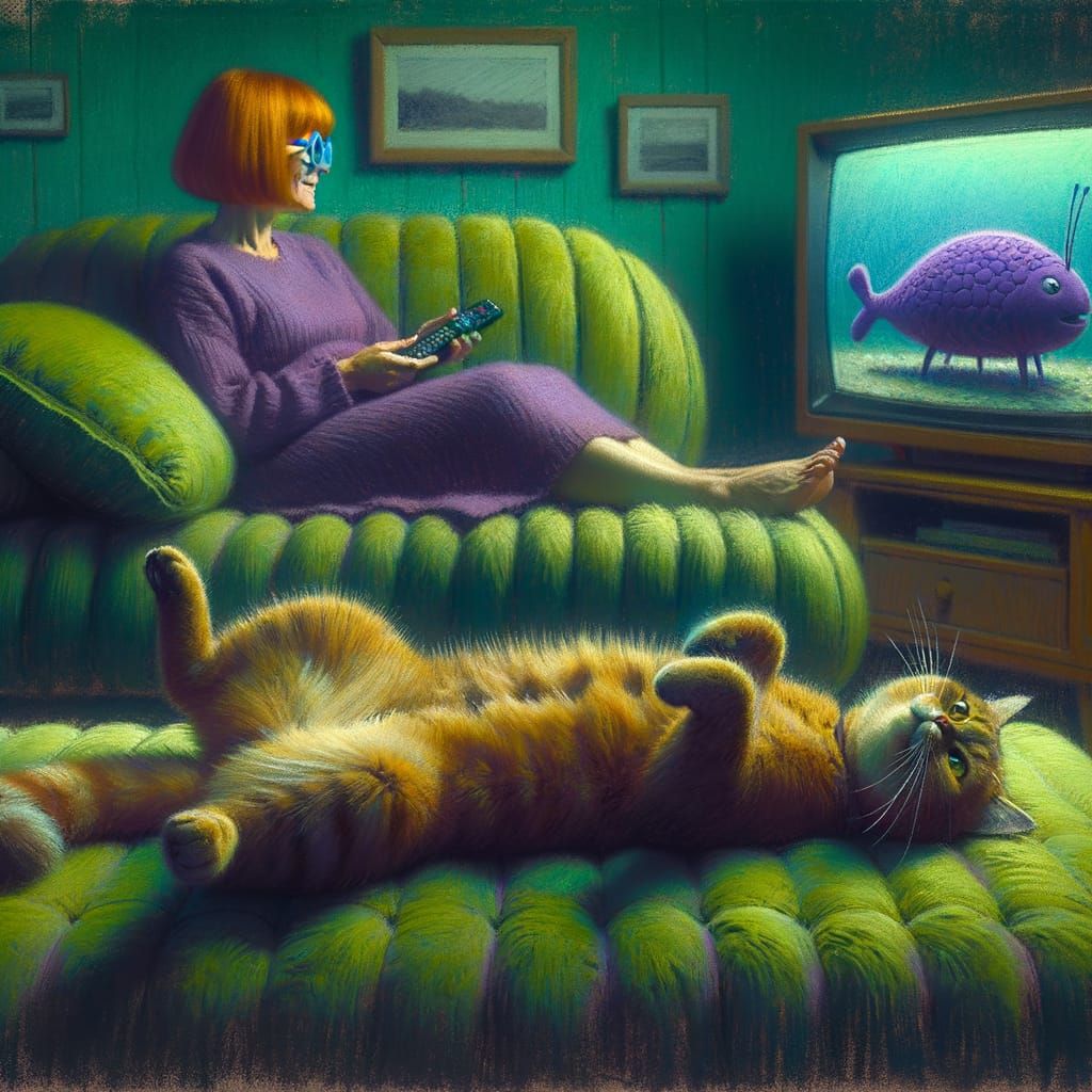 Cat on Chaise Longue in Impressionistic Style