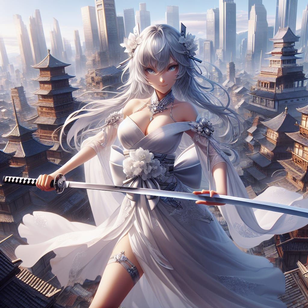 Anime Swordswoman in Ruined Cityscape