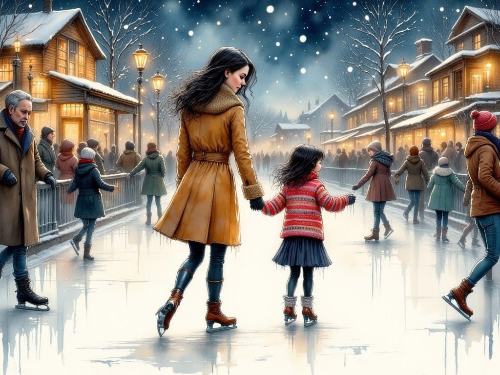 Emily Gilmore Ice Skating, Ink and Color Illustration