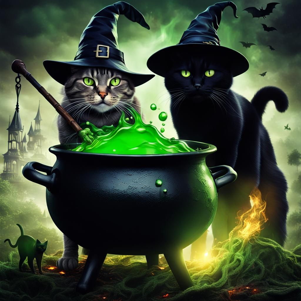 Friendly Witch Brewing Potion with Black Cat