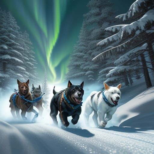 Dogs Pulling Sled Through Snowy Arctic Landscape