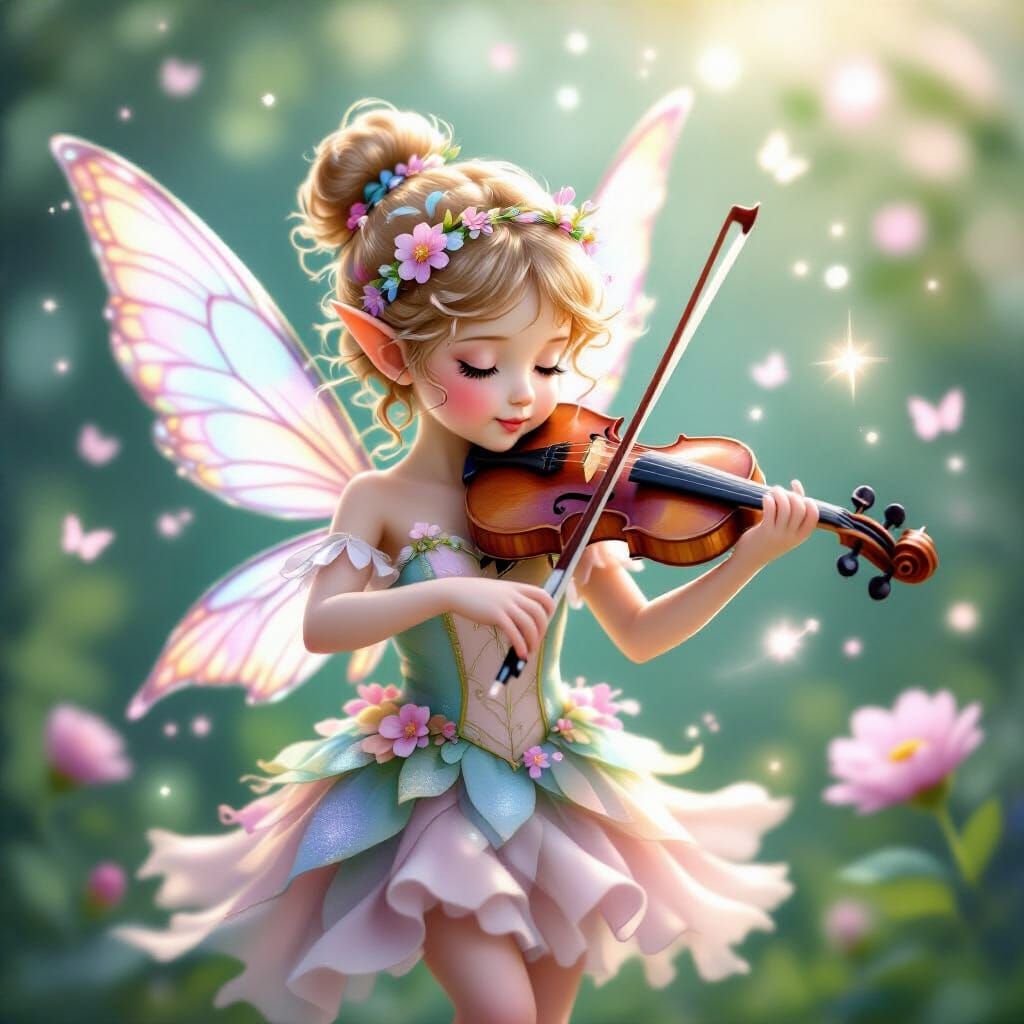 Tiny Fairy Violinist with Pastel Sparkles, Dreamlike Lightin...