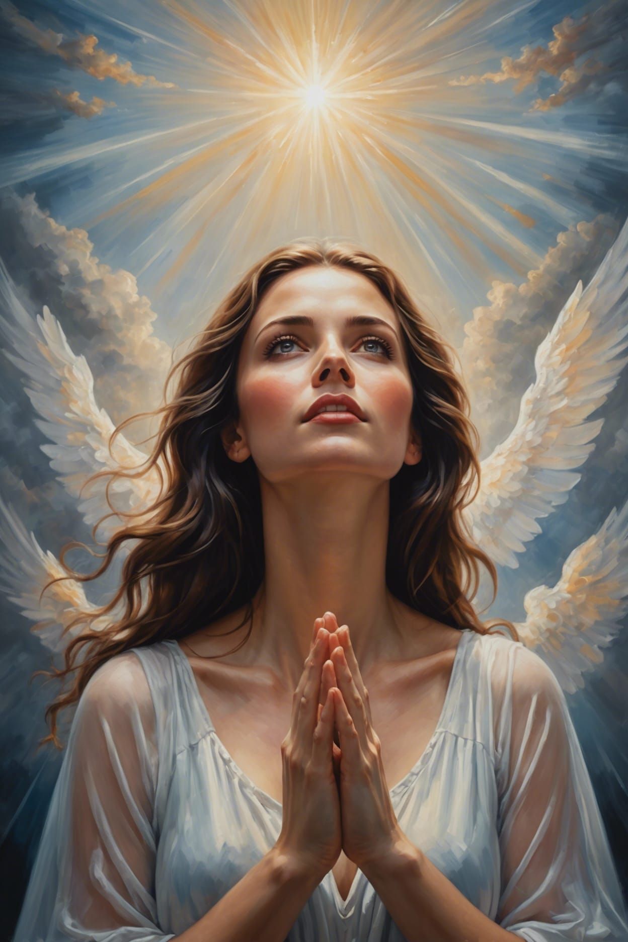 Radiant Woman Reaching for the Heavens: Oil Painting