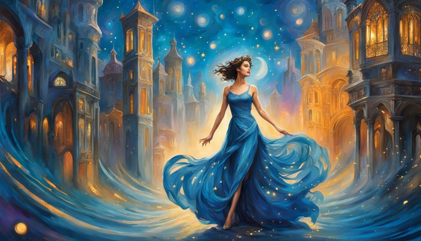 Woman in Black Dress in Whimsical Cityscape