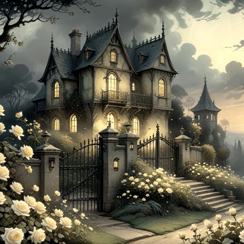 Misty Manor on a Hill, Stylized Watercolor