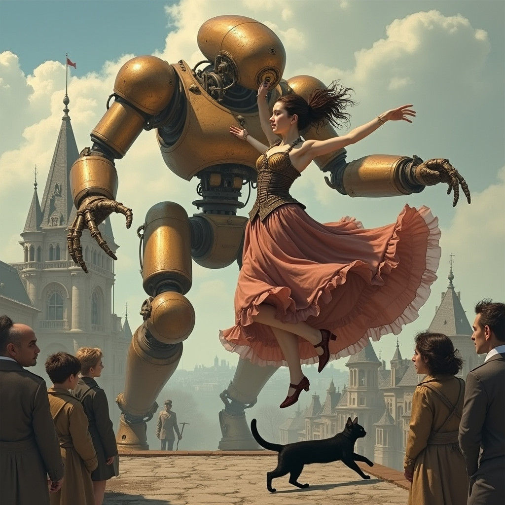 Steampunk Girl Dances with Robot on Victorian Rooftop