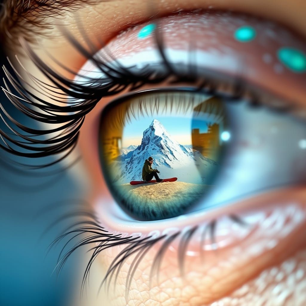 Hazel Eye Reflects Snowy Mountain, Hyperrealistic Style