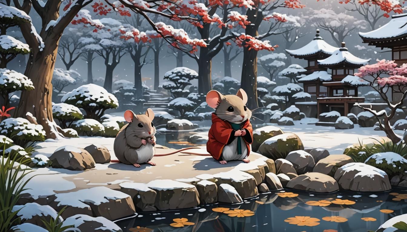 Winter Mouse in Japanese Garden: Anime Style